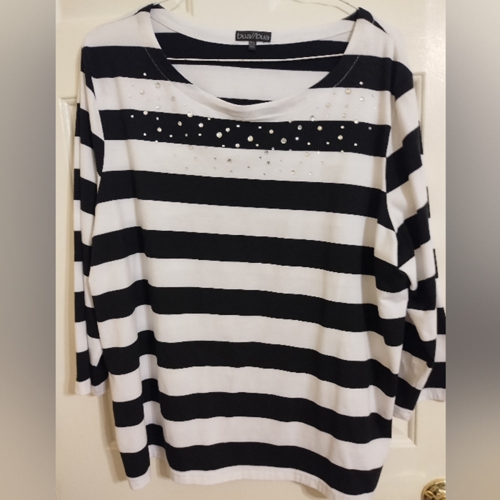 Black & White Striped Bua Bua 3/4 Sleeve Top Sz 2X